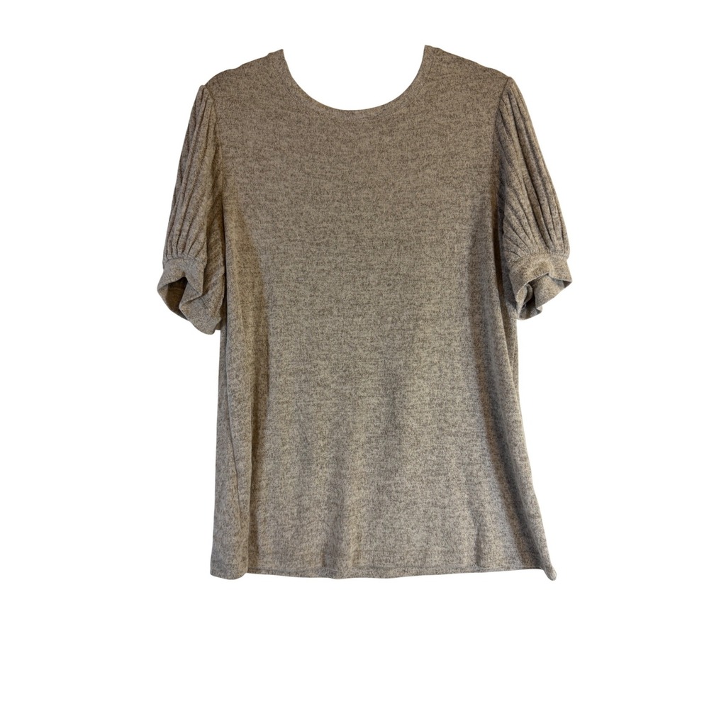 LILLUSORY Womens Heather Grey Pleated Puff Sleeve Knit Top Crew Neck Large